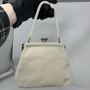 1950's Corde Bead Lumured Bag Purse Ivory Cream Beaded Handbag Evening Glam